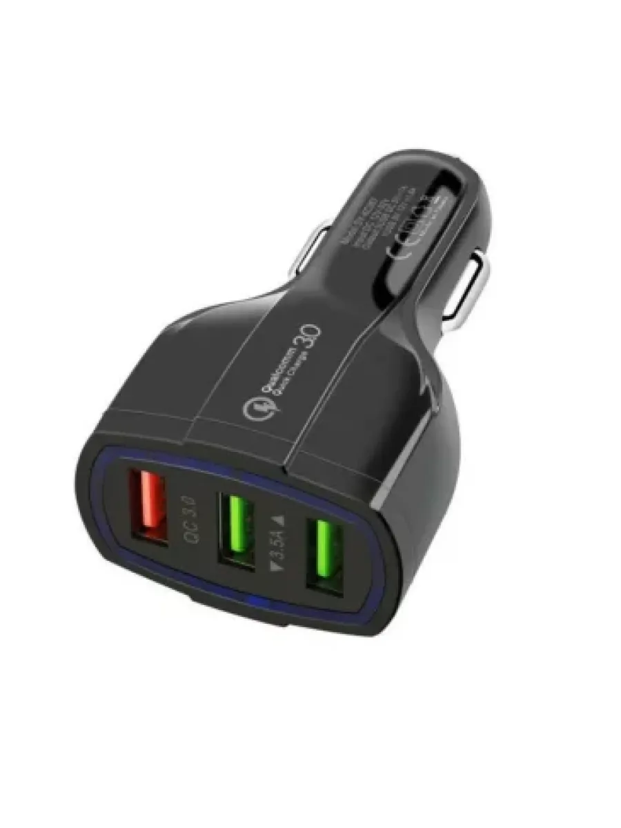 Разветвитель гнезда прикуривателя черный, 3 USB, быстрая зарядка QC3.0, 3,5А