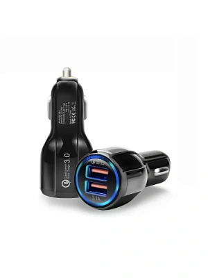 Разветвитель гнезда прикуривателя черный, 2 USB, 3,1А, быстрая зарядка 3,0