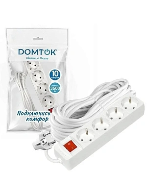 Удлинитель бытовой DOMTOK 4 гн. ПВС 3500 Вт, IP20 (с/з выкл.) 10м