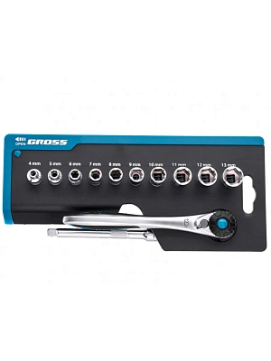 Набор торцевых головок 1/4", головки 4-13 мм, трещотка 120 зубьев, 12 предметов Gross