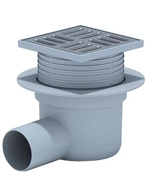 Трап горизонтальный 100х100, D50, регулируемый, с решеткой из нержавеющей стали, сухой